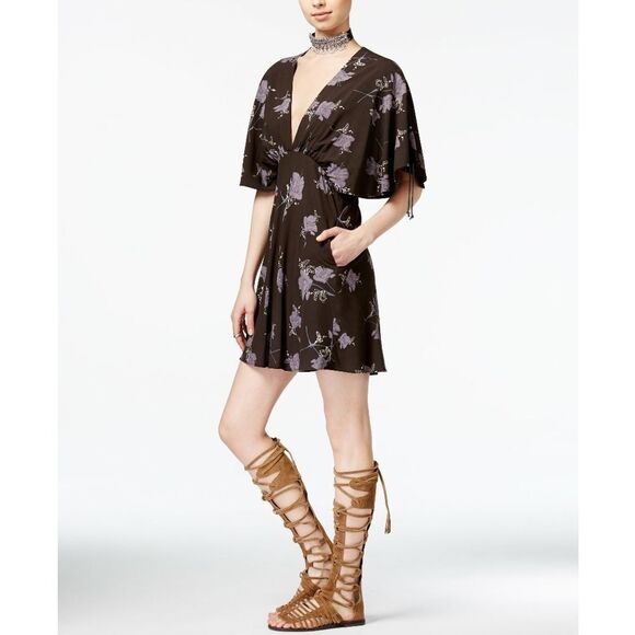 New! FREE PEOPLE Floral Print Prairie Mini Dress With Pocket Flutter Sleeves - Picture 1 of 5
